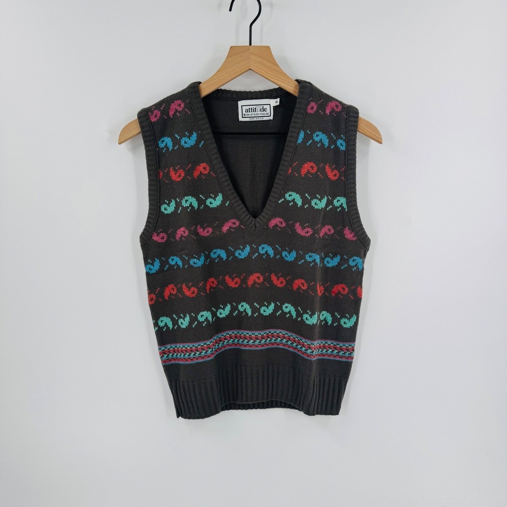 New Attitude Sweater‎ Vest S Brown Blue Argyle Knit Made in USA Preppy Academia